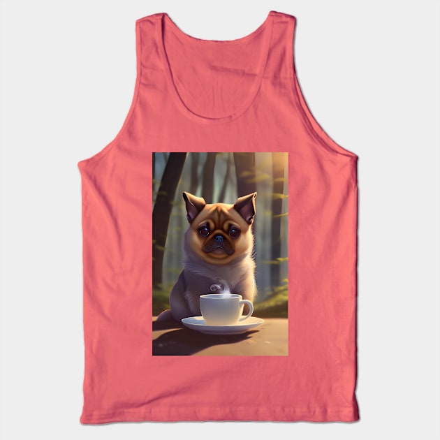 Cute Pug with a mug cup of morning coffee Tank Top by akwl.design